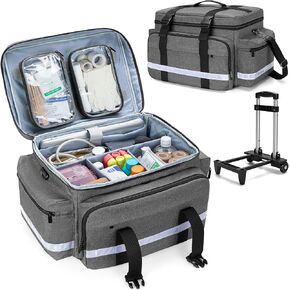Damero Rolling Medical Bag with Detachable Trolley, Medical Equipment Bag with Removable Pouches and Dividers, First Aid Responder Bag Empty for Home Health Nurses, Doctors, EMT, EMS, Gray