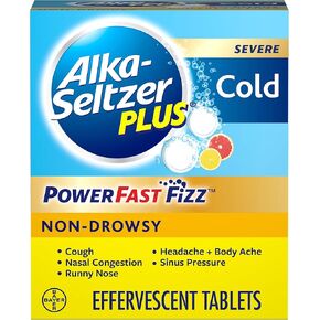 أقراص ALKA-SELTZER PLUS الفوارة الباردة غير المسببة للنعاس للبالغين الذين يعانون من احتقان الأنف والجيوب الأنفية/السعال/التهاب الحلق/الحمى/الصداع وآلام وآلام الجسم، الحمضيات، 20 قطعة (عبوة من قطعة واحدة) in Kuwait