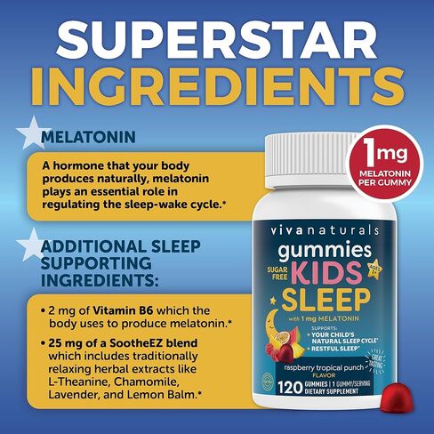 علكة الميلاتونين للأطفال (1 ملغ) - علكة دعم النوم الخالية من الجيلاتين والصديقة للنباتيين للأطفال من عمر 3 سنوات فما فوق - للتهدئة والأرق العرضي - 120 قطعة - لكمة التوت الاستوائية in Kuwait