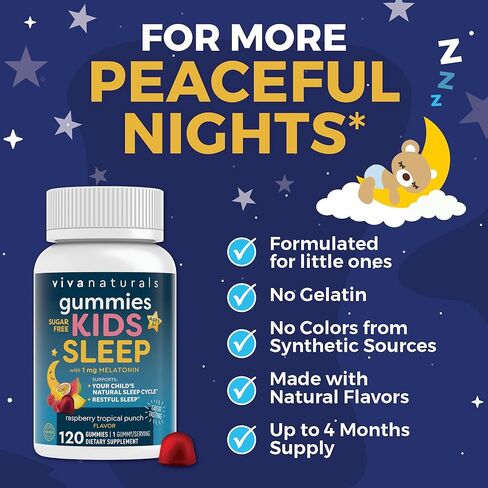 علكة الميلاتونين للأطفال (1 ملغ) - علكة دعم النوم الخالية من الجيلاتين والصديقة للنباتيين للأطفال من عمر 3 سنوات فما فوق - للتهدئة والأرق العرضي - 120 قطعة - لكمة التوت الاستوائية in Kuwait