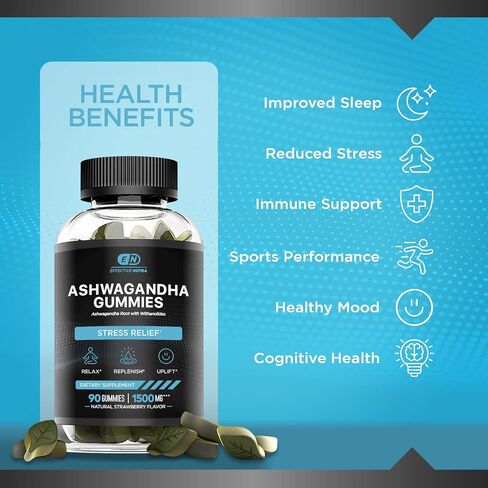 EFFECTIVE NUTRA Ashwagandha Gummies 1500mg - Stress Relief, Immune Support, Calm Mood & Increased Energy - Ashwagandha Supplements for Men & Women - Natural Strawberry Flavor (90 Count) in Kuwait