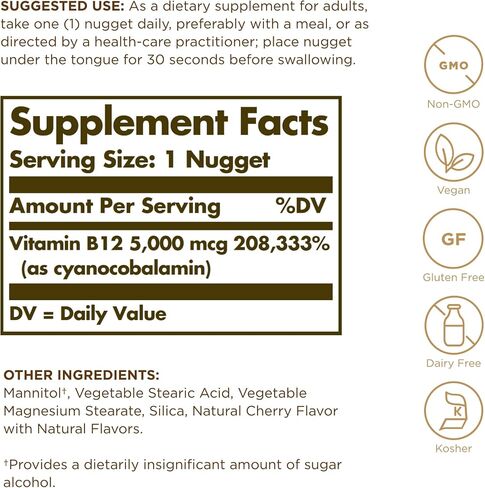 Solgar Vitamin B12 5000 mcg, 30 Nuggets - Supports Production of Energy, Red Blood Cells - Healthy Nervous System - Promotes Cardiovascular Health - Vitamin B - Non-GMO, Gluten Free - 30 Servings in Saudi Arabia