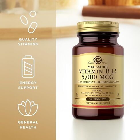 Solgar Vitamin B12 5000 mcg, 30 Nuggets - Supports Production of Energy, Red Blood Cells - Healthy Nervous System - Promotes Cardiovascular Health - Vitamin B - Non-GMO, Gluten Free - 30 Servings in Saudi Arabia