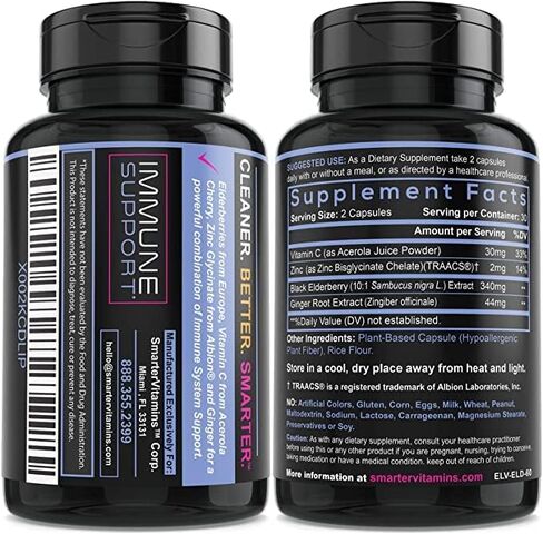 Smarter Elderberry Capsules + Vitamin C + Ginger & Zinc, Herbal Supplement for Immune Support, Powerful Black Elder Berry Extract Antioxidant Vitamin, 60 Vegan Pills in Kuwait
