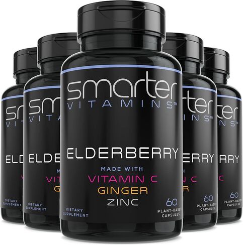 Smarter Elderberry Capsules + Vitamin C + Ginger & Zinc, Herbal Supplement for Immune Support, Powerful Black Elder Berry Extract Antioxidant Vitamin, 60 Vegan Pills in Kuwait
