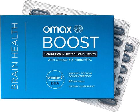مكمل صحة الدماغ Omax Boost Alpha GPC مع أوميغا 3 DHA +، الذاكرة، التركيز، الأداء، المزاج، المناعة، الشيخوخة | 60 كبسولة هلامية in Kuwait