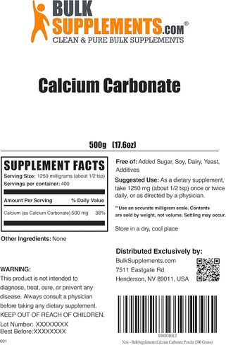 BulkSupplements.com Calcium Carbonate Powder - Calcium Supplement, Calcium 500mg - Calcium Carbonate Food Grade, 1250mg (500mg Calcium) per Serving, 500g (1.1 lbs) (Pack of 1) in Kuwait