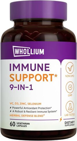 Whollium Sambucus Elderberry مع VC، D3، الزنك، السيلينيوم، إشنسا، الثوم، الزنجبيل والفلفل الأسود، 9 في 1 دعم المناعة ومضادات الأكسدة أثناء الإغلاق، غير معدل وراثيًا، عالي الامتصاص، 60 كبسولة نباتية in Kuwait