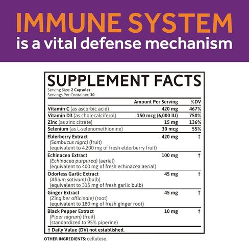 Whollium Sambucus Elderberry مع VC، D3، الزنك، السيلينيوم، إشنسا، الثوم، الزنجبيل والفلفل الأسود، 9 في 1 دعم المناعة ومضادات الأكسدة أثناء الإغلاق، غير معدل وراثيًا، عالي الامتصاص، 60 كبسولة نباتية in Kuwait
