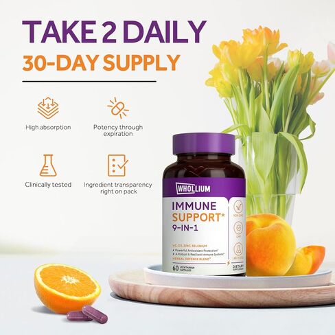 Whollium Sambucus Elderberry مع VC، D3، الزنك، السيلينيوم، إشنسا، الثوم، الزنجبيل والفلفل الأسود، 9 في 1 دعم المناعة ومضادات الأكسدة أثناء الإغلاق، غير معدل وراثيًا، عالي الامتصاص، 60 كبسولة نباتية in Kuwait