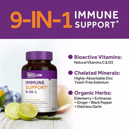 Whollium Sambucus Elderberry مع VC، D3، الزنك، السيلينيوم، إشنسا، الثوم، الزنجبيل والفلفل الأسود، 9 في 1 دعم المناعة ومضادات الأكسدة أثناء الإغلاق، غير معدل وراثيًا، عالي الامتصاص، 60 كبسولة نباتية in Kuwait