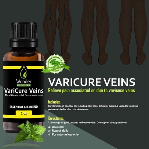 الدوالي - مزيج من الزيوت العطرية الطبيعية 100% لعلاج الدوالي وتخفيف الأوردة العنكبوتية، بما في ذلك السرو وإبرة الراعي واللافندر من ووندر هيلينج (30 مل - 1 أونصة) in Kuwait