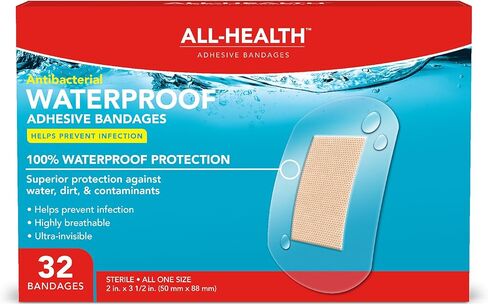 All Health Clear Waterproof Antibacterial Adhesive Bandages, 2 in x 3 1/2 in, 32 ct | Helps Prevent Infection, 100% Waterproof for First Aid and Wound Care in Kuwait