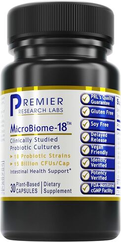 Premier Research Labs Microbiome-18 - Features Probiotic Formula Containing 18 Beneficial Strains & 15 Billion CFUs Per Cap - Supports Intestinal Microbial & Gut Health - 30 Plant-Source Capsules in Saudi Arabia