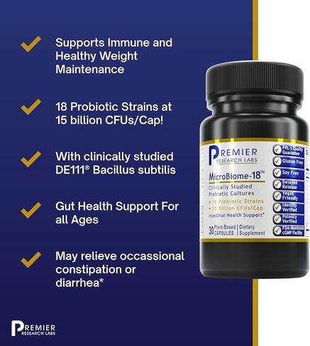Premier Research Labs Microbiome-18 - Features Probiotic Formula Containing 18 Beneficial Strains & 15 Billion CFUs Per Cap - Supports Intestinal Microbial & Gut Health - 30 Plant-Source Capsules in Saudi Arabia