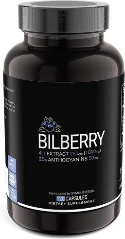 Bilberry Extract 1000mg, 25% Anthocyanins 50mg - 120 Count (V-Capsules) / 120 Servings; European Blueberry: Manufactured in a cGMP-Registered Facility in USA; Vegan & Gluten Free in Saudi Arabia