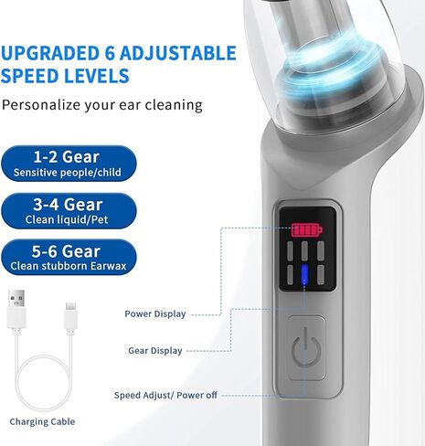 مكنسة شمع الأذن، شفط قوي 6 تروس KDO، مزيل شمع الأذن، مؤشر إزالة شمع الأذن، آمن، طرف من السيليكون الناعم، أداة تنظيف الأذن، مجموعة إزالة المياه للبالغين من البشر والحيوانات الأليفة in Kuwait