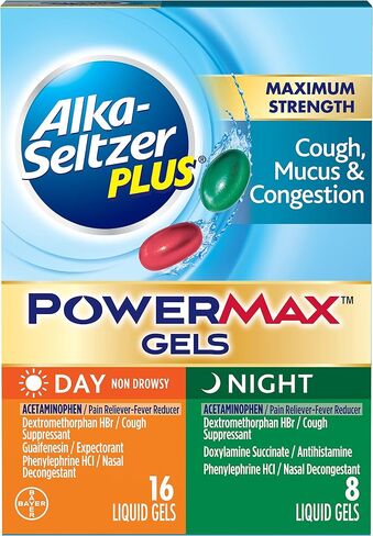 Alka-Seltzer Plus Maxiumum Strength Cough, Mucus & Congestion, Day+Night,  PowerMax Liquid Gels, 24ct in Kuwait