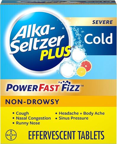 أقراص ALKA-SELTZER PLUS الفوارة الباردة غير المسببة للنعاس للبالغين الذين يعانون من احتقان الأنف والجيوب الأنفية/السعال/التهاب الحلق/الحمى/الصداع وآلام وآلام الجسم، الحمضيات، 20 قطعة (عبوة من قطعة واحدة) in Kuwait