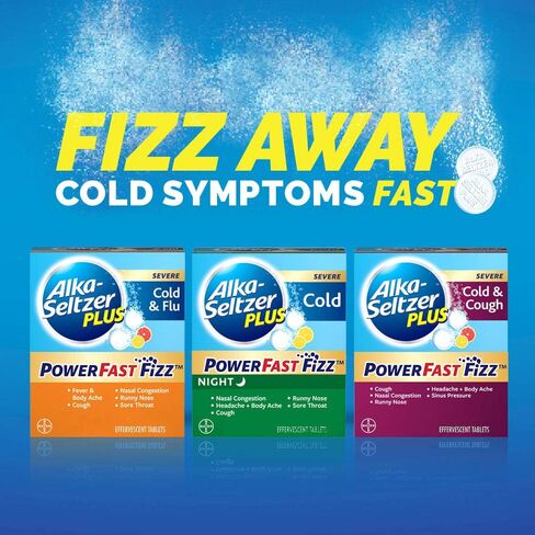أقراص ALKA-SELTZER PLUS الفوارة الباردة غير المسببة للنعاس للبالغين الذين يعانون من احتقان الأنف والجيوب الأنفية/السعال/التهاب الحلق/الحمى/الصداع وآلام وآلام الجسم، الحمضيات، 20 قطعة (عبوة من قطعة واحدة) in Kuwait