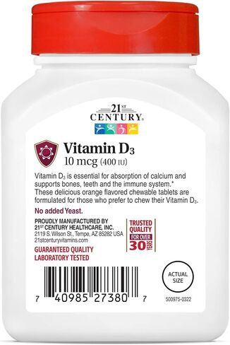 21st Century D3 400 IU Orange Chewable Tablets, Gluten free, 110 Count (Pack of 3) in Saudi Arabia