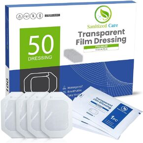 Premium Transparent Film Dressing, 4" x 4.75" Pack of 50 Waterproof Wound Bandage for Post Surgical Shower or IV Shield, Clear Tattoo Aftercare Bandage & Adhesive Patches