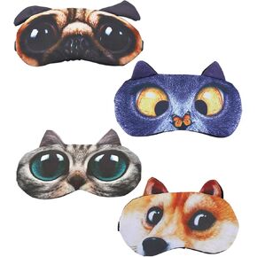 HYCLES 4 Pack Cartoon Animal Cute Sleep Eye Mask with Adjustable Strap Relaxed Sleeping Blackout Cat Dog Eye Cover Eyeshade for Kids Men Women Travel Rest/Blindfold Game