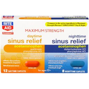 كبسولات Rite Aid ذات القوة القصوى أثناء النهار والليل لتخفيف الجيوب الأنفية - 20 قطعة | الجيوب الأنفية وطب البرد | أدوية السعال والبرد | طب البرد للكبار | تخفيف ضغط الجيوب الأنفية والتوتر والصداع in Kuwait