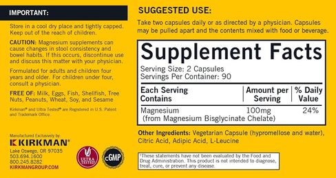 Kirkman - Magnesium Glycinate Buffered Chelate - 180 Capsules - Relaxes Nerves & Muscles - Promotes Restful Sleep - Hypoallergenic in Saudi Arabia