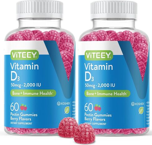 Vitamin D3 Gummies for Adults & Teens - 2,000 IU, 50mcg, Regular Strength - Joint & Muscle Health, Immune Boost - Chewable Vitamin D Gummies - Vegetarian, Gelatin Free - Tasty Berry Flavored Gummy in Kuwait