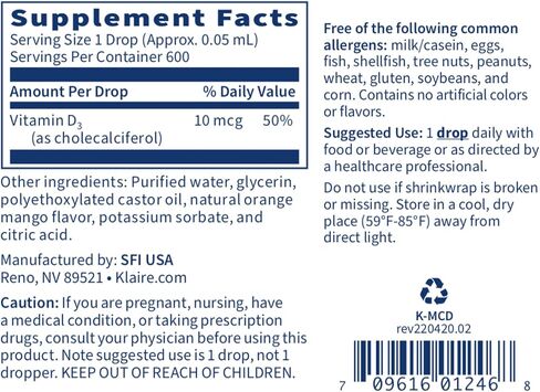 Klaire Labs Micellized Vitamin D3 Liquid for Children, Infants & Adults - 400 IU Vitamin D per Drop - Suitable for Kids - Immune Support - Natural Mango Orange Flavor Drops (600 Servings / 1 fl oz) in Saudi Arabia