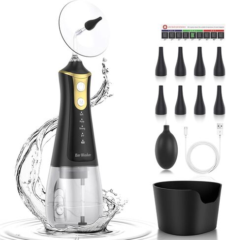 مزيل شمع الأذن - منظف الأذن الذي يعمل بالطاقة المائية - منظف الأذن الكهربائي مع 4 إعدادات للضغط، أداة تنظيف الأذن المقاومة للماء IPX7، مجموعة غسل شمع الأذن، نظام تنظيف آمن لري الأذن للبالغين in Kuwait