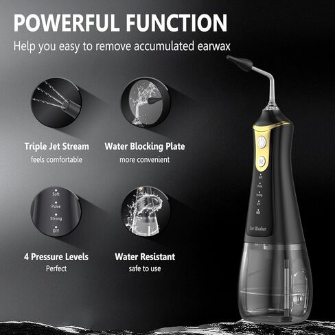 مزيل شمع الأذن - منظف الأذن الذي يعمل بالطاقة المائية - منظف الأذن الكهربائي مع 4 إعدادات للضغط، أداة تنظيف الأذن المقاومة للماء IPX7، مجموعة غسل شمع الأذن، نظام تنظيف آمن لري الأذن للبالغين in Kuwait