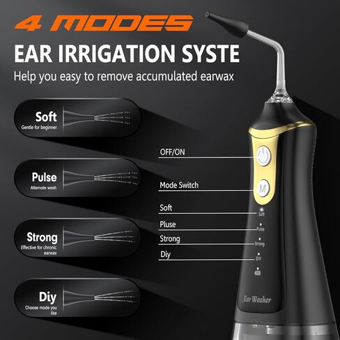 مزيل شمع الأذن - منظف الأذن الذي يعمل بالطاقة المائية - منظف الأذن الكهربائي مع 4 إعدادات للضغط، أداة تنظيف الأذن المقاومة للماء IPX7، مجموعة غسل شمع الأذن، نظام تنظيف آمن لري الأذن للبالغين in Kuwait