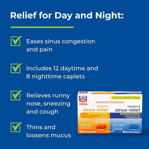 Rite Aid Maximum Strength Daytime and Nighttime Sinus Relief Caplets - 20 Count | Sinus & Cold Medicine | Cough & Cold Medicine | Cold Medicine for Adults | Sinus Pressure & Tension Headache Relief in Saudi Arabia