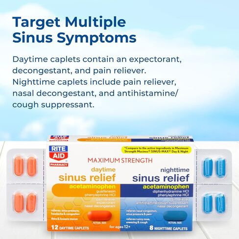 Rite Aid Maximum Strength Daytime and Nighttime Sinus Relief Caplets - 20 Count | Sinus & Cold Medicine | Cough & Cold Medicine | Cold Medicine for Adults | Sinus Pressure & Tension Headache Relief in Saudi Arabia