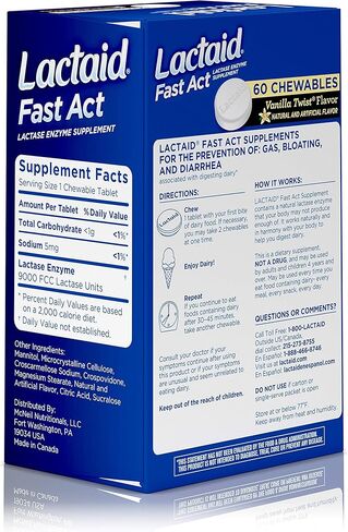 لاكتيد - أقراص قابلة للمضغ سريعة المفعول لعدم تحمل اللاكتوز مع إنزيمات اللاكتيز، تويست الفانيليا، 60 قطعة من 1 قيراط. in Kuwait