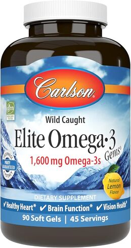 Carlson - Elite Omega-3 Gems، 1600 مجم من أحماض أوميجا 3 الدهنية بما في ذلك EPA وDHA، مكمل زيت السمك النرويجي المصطاد من البرية، كبسولات زيت السمك أوميجا 3 من مصادر مستدامة، ليمون، 90 كبسولة هلامية in Saudi Arabia
