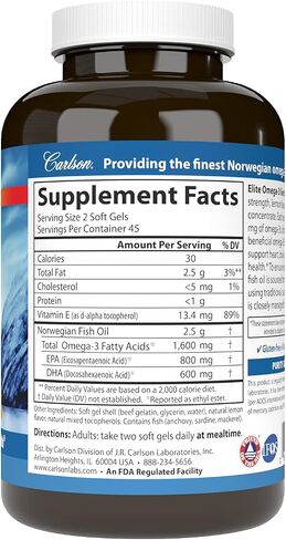Carlson - Elite Omega-3 Gems، 1600 مجم من أحماض أوميجا 3 الدهنية بما في ذلك EPA وDHA، مكمل زيت السمك النرويجي المصطاد من البرية، كبسولات زيت السمك أوميجا 3 من مصادر مستدامة، ليمون، 90 كبسولة هلامية in Saudi Arabia