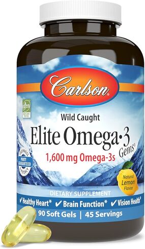Carlson - Elite Omega-3 Gems، 1600 مجم من أحماض أوميجا 3 الدهنية بما في ذلك EPA وDHA، مكمل زيت السمك النرويجي المصطاد من البرية، كبسولات زيت السمك أوميجا 3 من مصادر مستدامة، ليمون، 90 كبسولة هلامية in Saudi Arabia