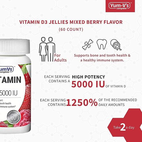 Vitamin D3 Jellies by YumV's | Vitamin D 5000 IU | Daily Dietary Supplement for Men and Women | Mixed Berry Flavor Chewable Jellies | Vegetarian, Gluten-Free, Kosher, Halal | 60 Count in Kuwait