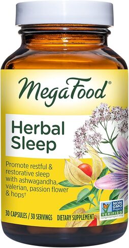النوم العشبي MegaFood - مكمل عشبي للبالغين مع أشواغاندا، وحشيشة الهر، والجنجل وزهرة العاطفة لتعزيز النوم المريح والمجدد - نباتي - مصنوع بدون 9 مسببات للحساسية الغذائية - 30 كبسولة in Kuwait