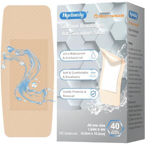 ضمادات سيليكون Hysimedy للبشرة الرقيقة الحساسة - 1.64 بوصة × 4 بوصة (40 قطعة) - حجم واحد كبير للاستحمام للسباحة - سلسلة خالية من الألم وخالية من اللاتكس ومقاومة للماء للغاية in Kuwait