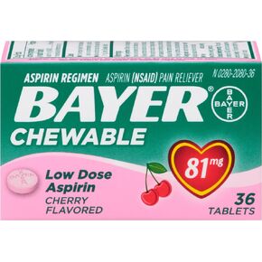 Aspirin Regimen Bayer, 81mg Chewable Tablets, Pain Reliever, Cherry, 36 Count in Kuwait