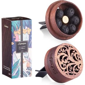 Wooden Car Diffuser for Essential Oils,2 PCS Car Aromatherapy Wood with Vent Clip.Come with 6 volcanic lava stone and 2 refill pads (Cherry Wood-E