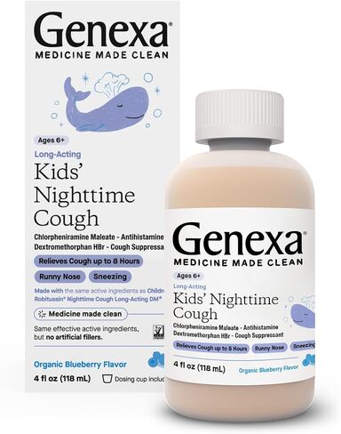 Genexa Kids' Nighttime Cough Medicine | Long-Acting Children’s Liquid Cough Suppressant and Temporary Relief for Runny Nose, and Sneezing for Kids 6+ | Delicious Organic Blueberry Flavor | 4 Fl Oz in Saudi Arabia