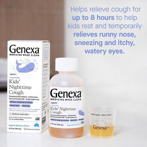Genexa Kids' Nighttime Cough Medicine | Long-Acting Children’s Liquid Cough Suppressant and Temporary Relief for Runny Nose, and Sneezing for Kids 6+ | Delicious Organic Blueberry Flavor | 4 Fl Oz in Saudi Arabia