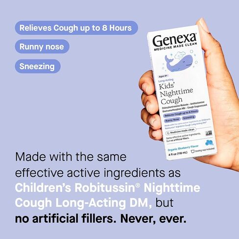 Genexa Kids' Nighttime Cough Medicine | Long-Acting Children’s Liquid Cough Suppressant and Temporary Relief for Runny Nose, and Sneezing for Kids 6+ | Delicious Organic Blueberry Flavor | 4 Fl Oz in Saudi Arabia