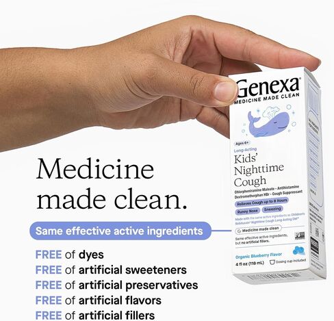 Genexa Kids' Nighttime Cough Medicine | Long-Acting Children’s Liquid Cough Suppressant and Temporary Relief for Runny Nose, and Sneezing for Kids 6+ | Delicious Organic Blueberry Flavor | 4 Fl Oz in Saudi Arabia
