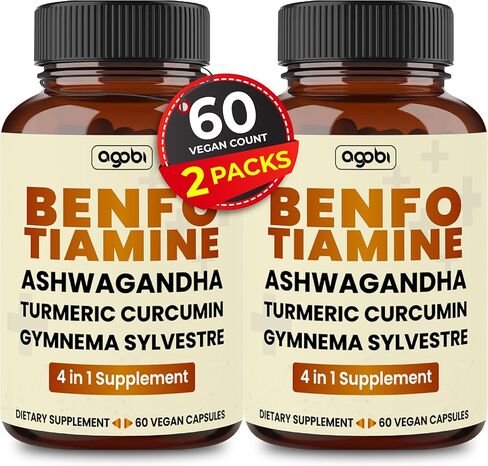 Benfotiamine 600mg Supplement - 2 Months for Digestive System, Energy Production & Immune - Blended Turmeric Curcumin Root, Ashwagandha Root & Organic Gymnema Sylvestre - 2 Packs of 60 Capsules in Kuwait